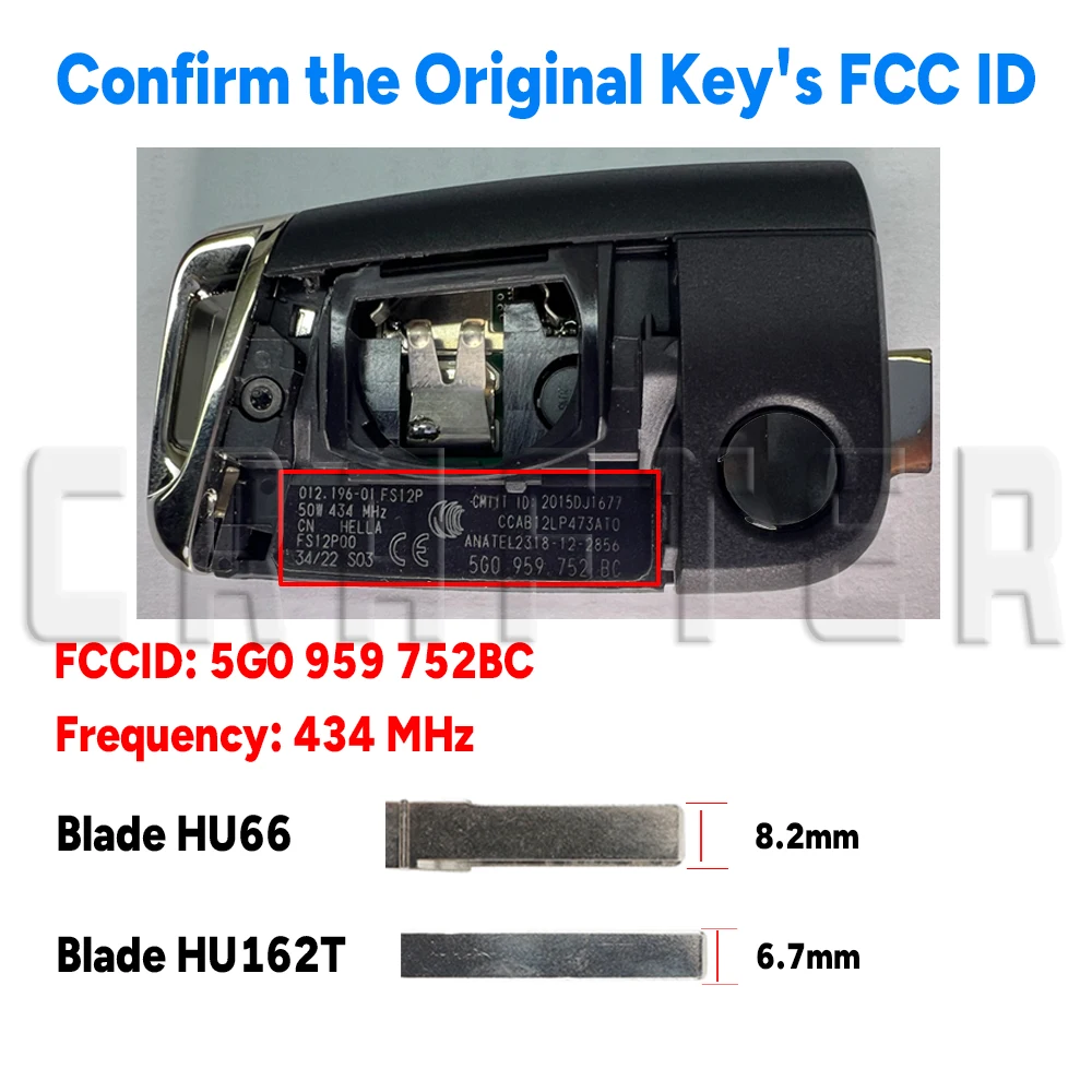Key Crafters 5G0959752AB/BB ID48 MQB 434MHz Keyless Go Remote CarKey Fits VW Golf 7 MK7 Tiguan Polo Skoda HU66/HU162T KeyCutting