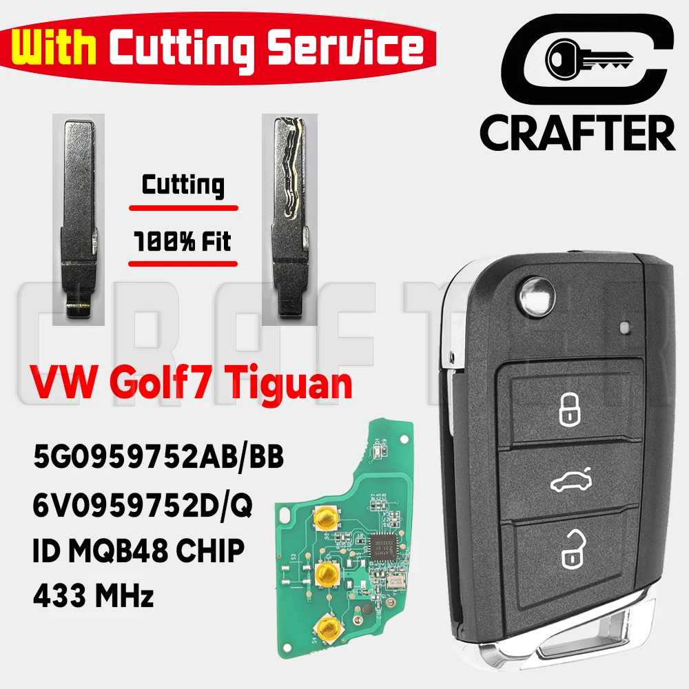 Key Crafters 5G0959752AB/BB ID48 MQB 434MHz Keyless Go Remote CarKey Fits VW Golf 7 MK7 Tiguan Polo Skoda HU66/HU162T KeyCutting