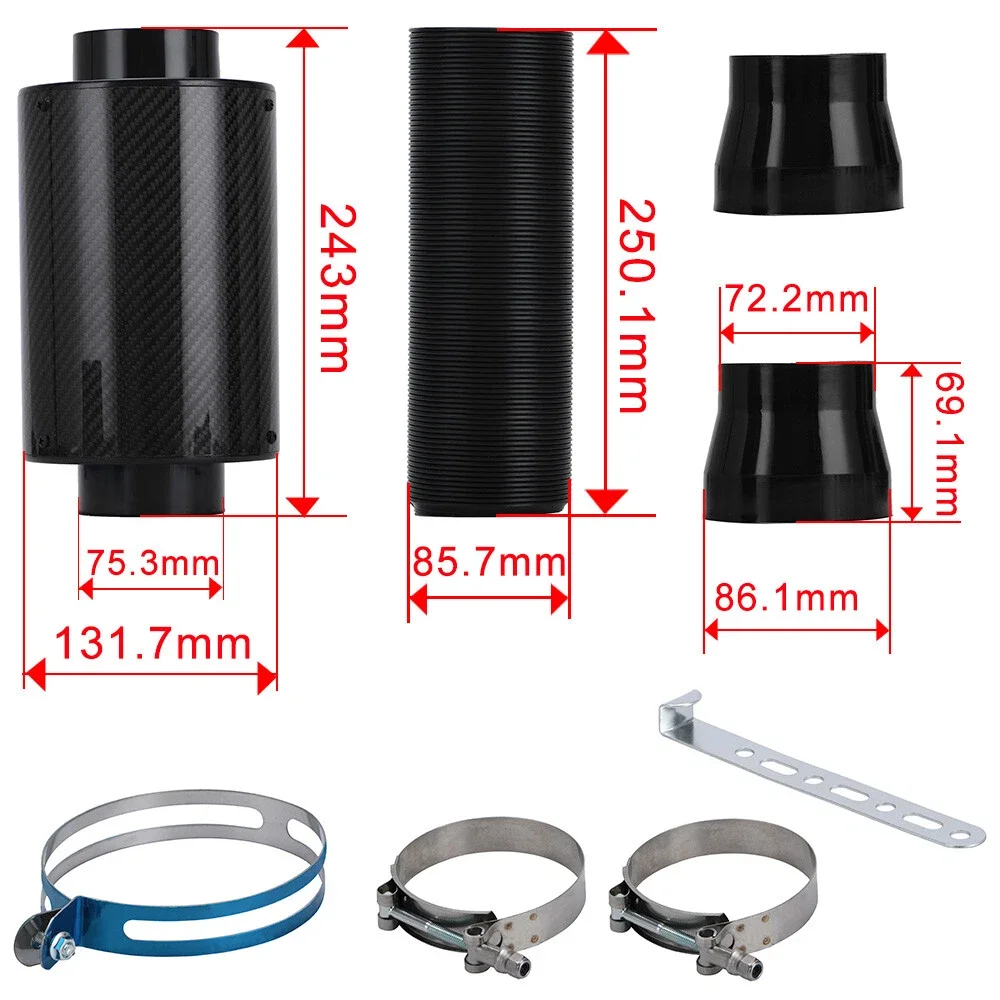 HOMEFISH Universal Carbon Fibre Cold Air Intake Filter Box Enclosed Feed Induction Pipe Hose Kit for Car 1 Set