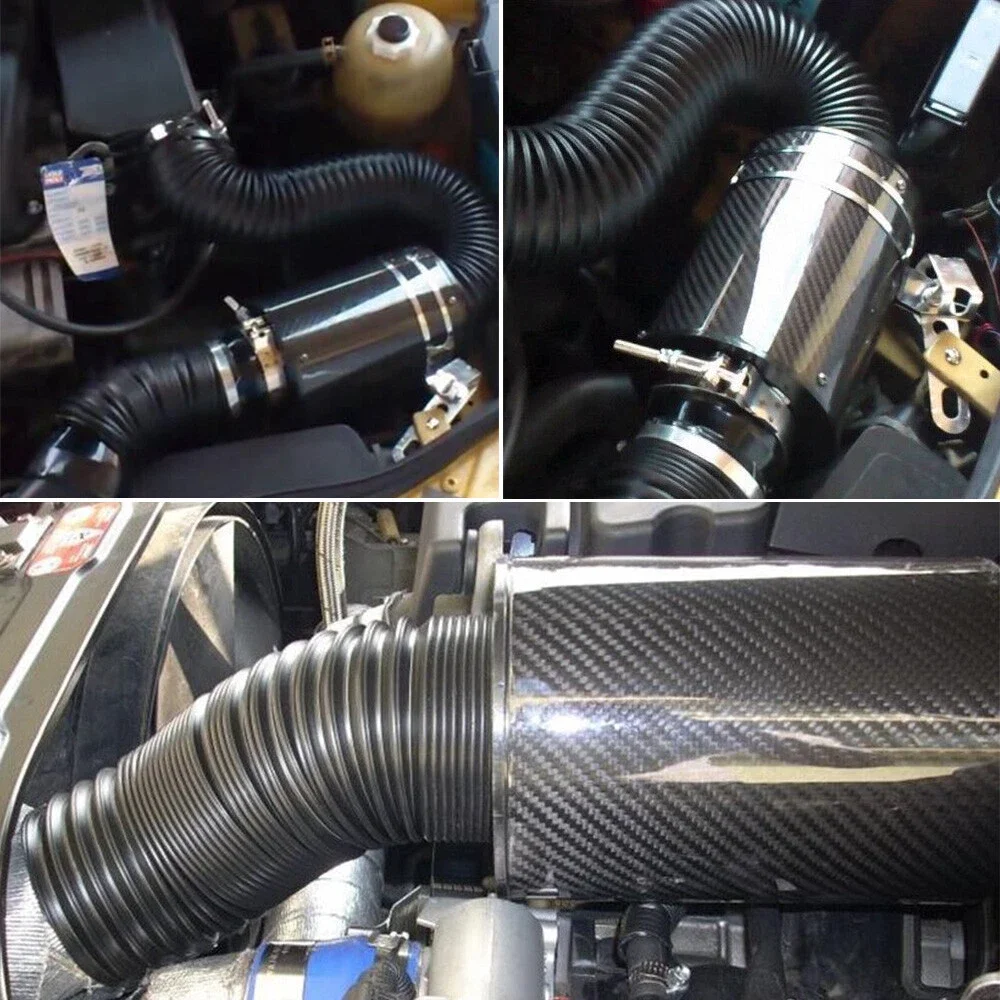 HOMEFISH Universal Carbon Fibre Cold Air Intake Filter Box Enclosed Feed Induction Pipe Hose Kit for Car 1 Set