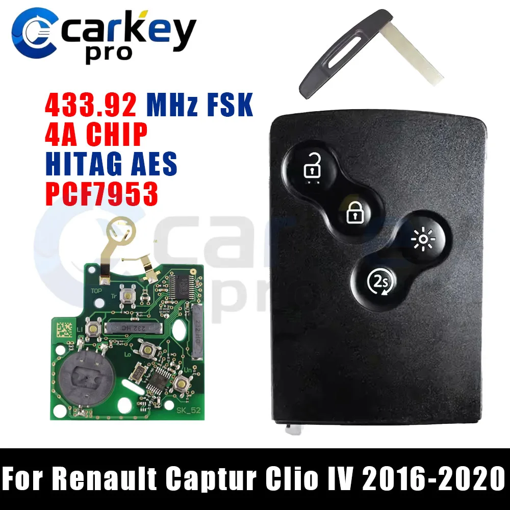 Carkeypro 433 MHz FSK 4A Chip 4 Buttons Remote Card Smart Car Key Keyless Entry Autostart For Renault Captur Clio IV 2016-2020