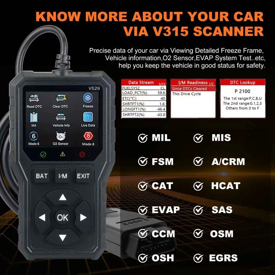 V529 OBD2 Diagnostic Scanner Auto Car Code Reader And Scanner Vehicles' Health Inspection Tool