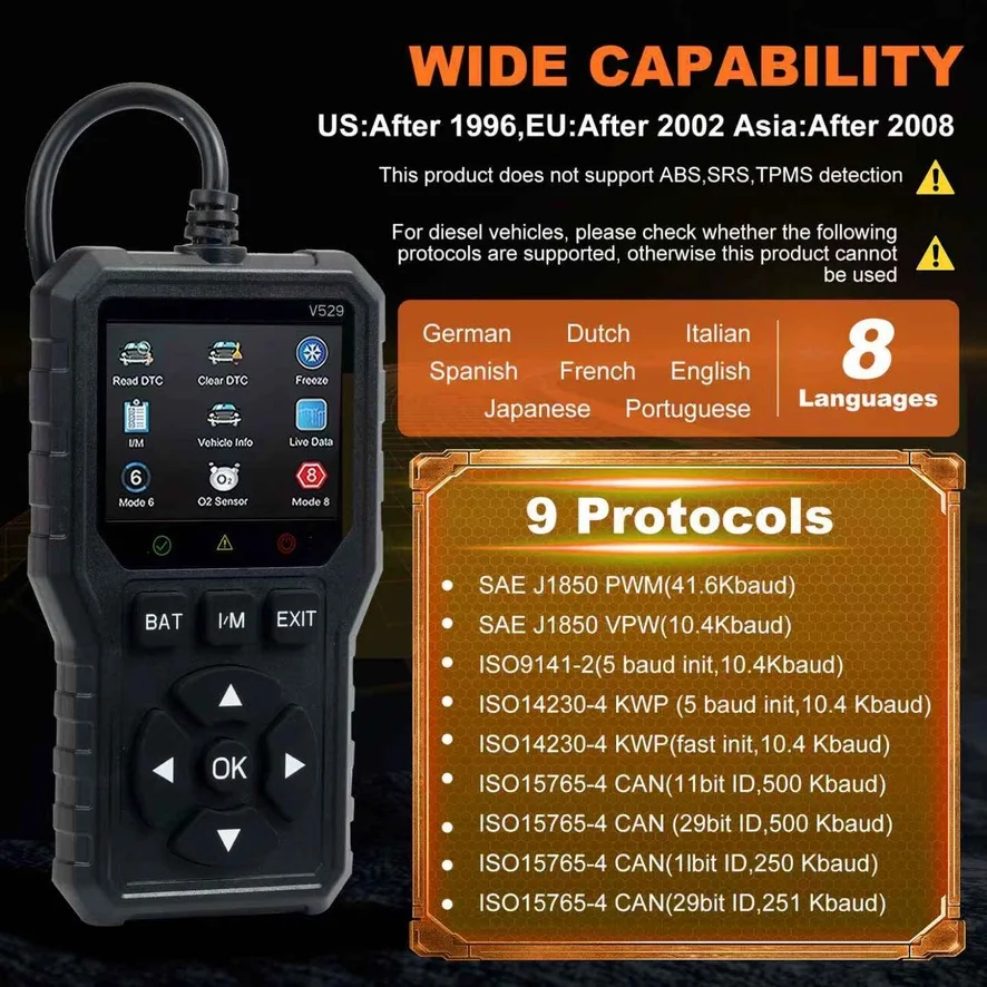 V529 OBD2 Diagnostic Scanner Auto Car Code Reader And Scanner Vehicles' Health Inspection Tool