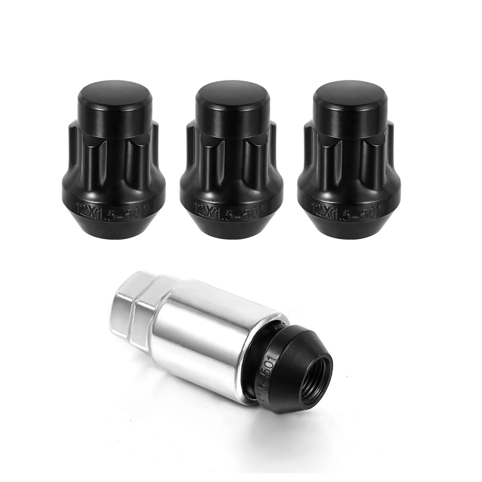 black locking lug nuts set  4 Locks + Key M12 x 1.5 12 x 1.5  Closed End Bulge 1.38"  Dual Hex Key 13/16" and 3/4"