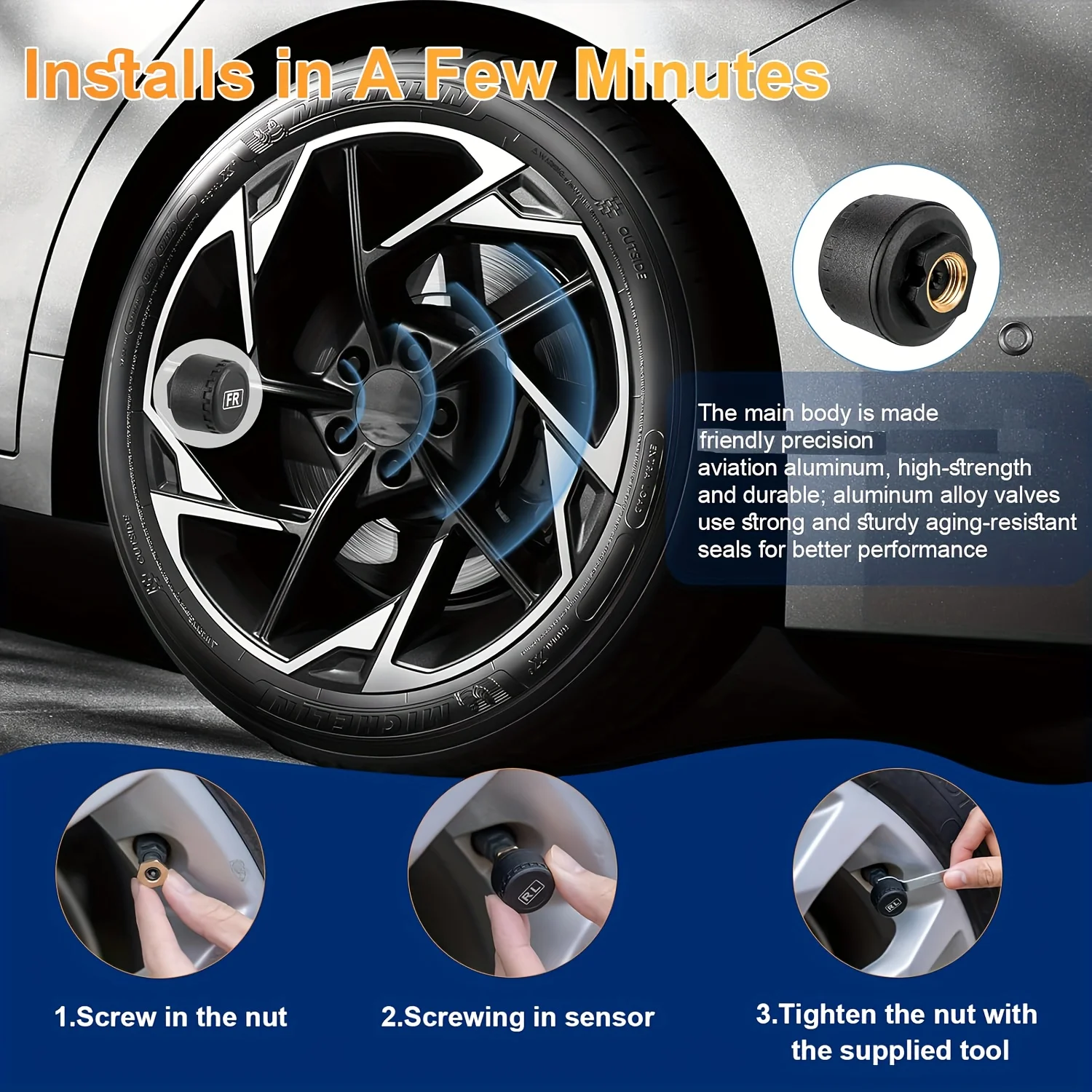 Wireless Tire Pressure Monitoring System with 4 Sensors USB Charging Solar Powered TPMS for Cars SUVs MPVs Pickups ORVs
