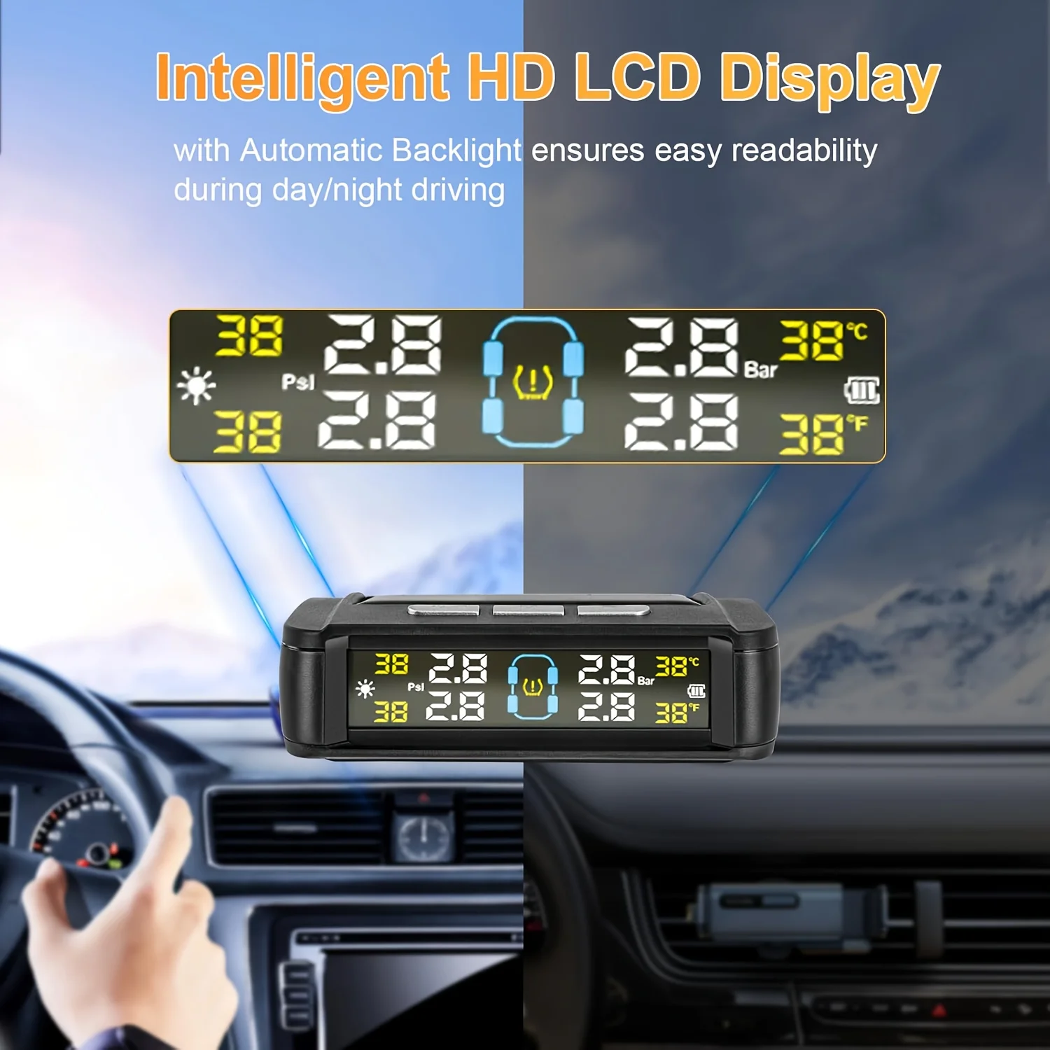 Wireless Tire Pressure Monitoring System with 4 Sensors USB Charging Solar Powered TPMS for Cars SUVs MPVs Pickups ORVs