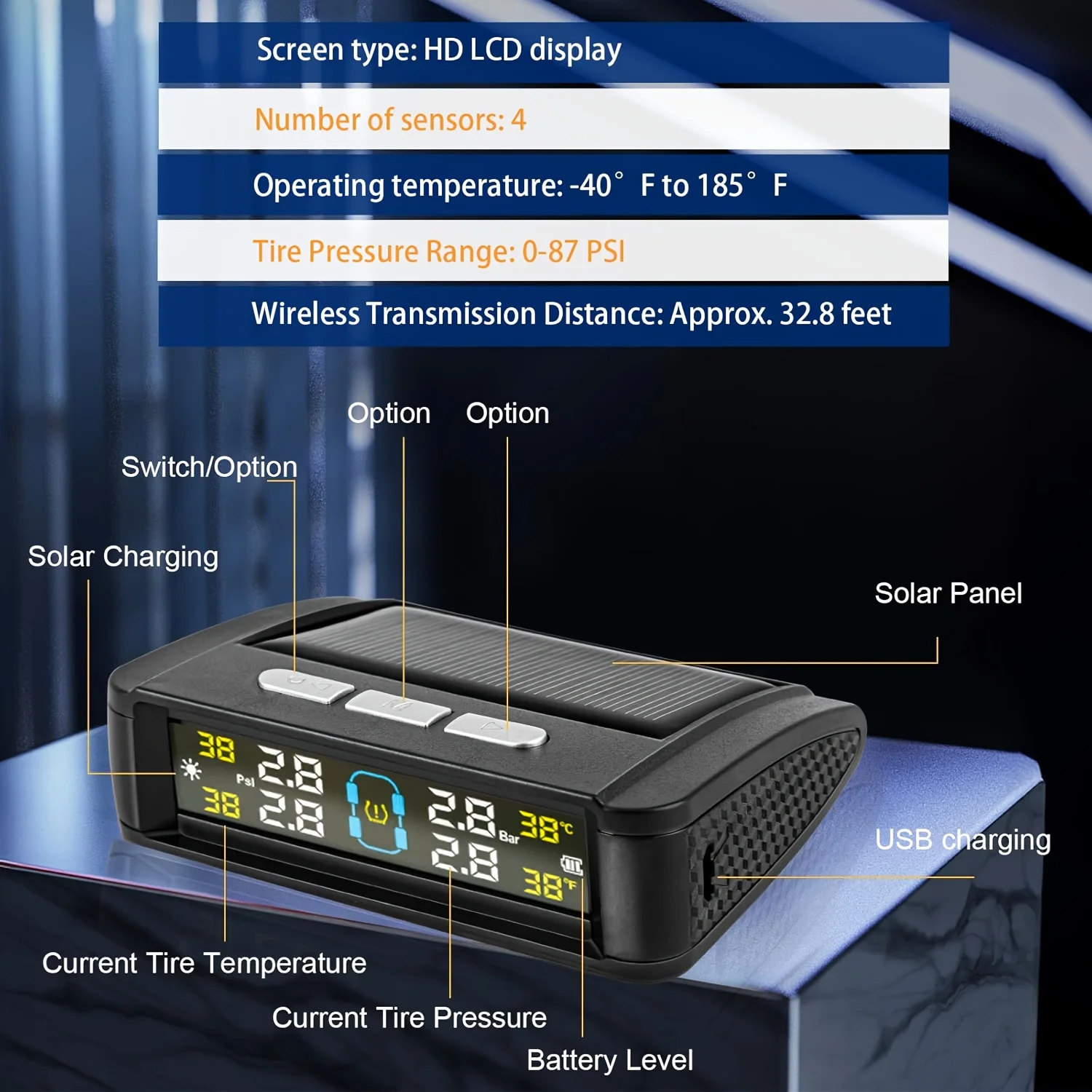 Wireless Tire Pressure Monitoring System with 4 Sensors USB Charging Solar Powered TPMS for Cars SUVs MPVs Pickups ORVs