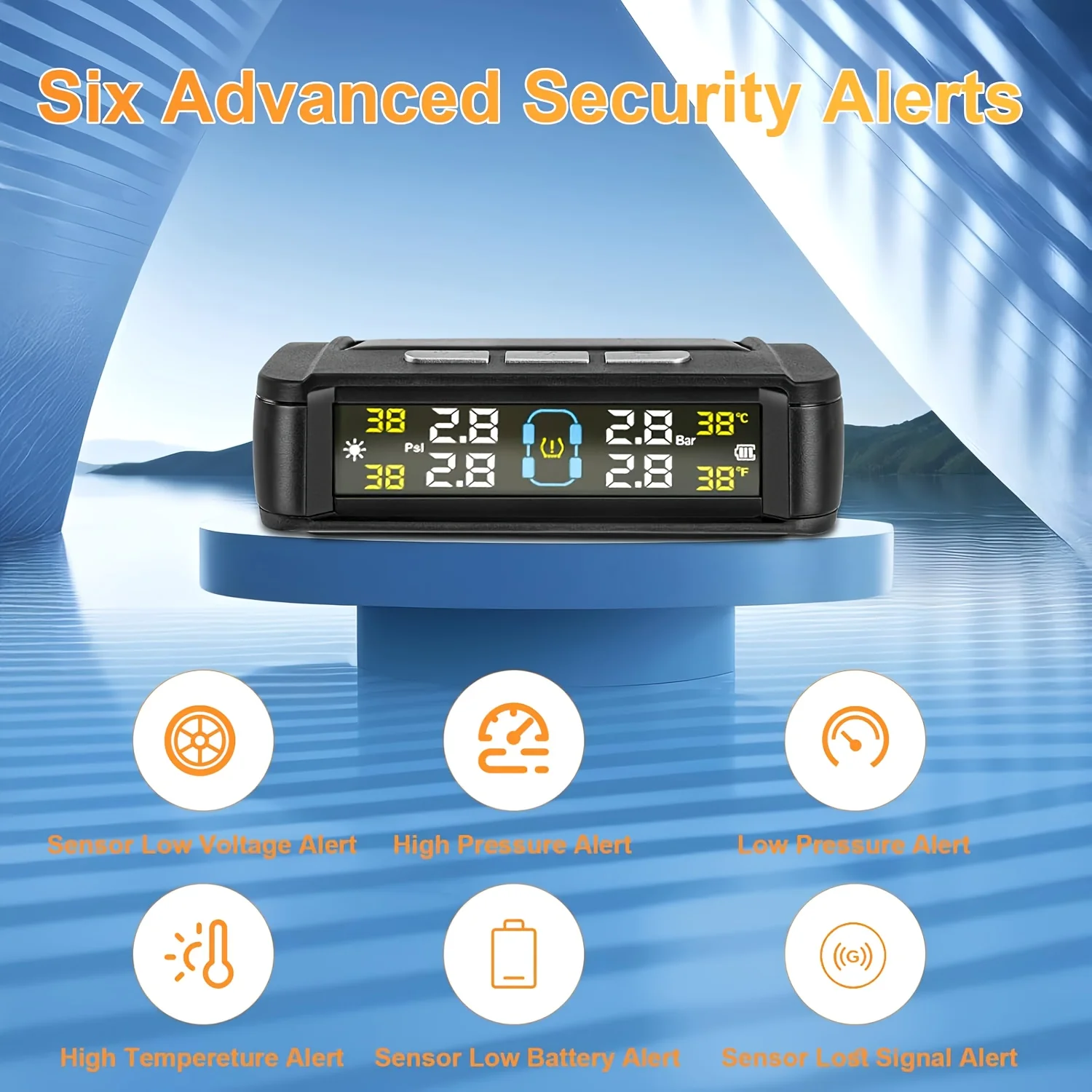 Wireless Tire Pressure Monitoring System with 4 Sensors USB Charging Solar Powered TPMS for Cars SUVs MPVs Pickups ORVs
