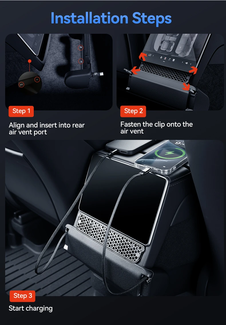 YZ For Tesla Model YL 2026 3-in-1 Rear Air Vent Cover 2 Type-C 60W USB Hub Docking Station with Aroma Diffuser Fast Charge