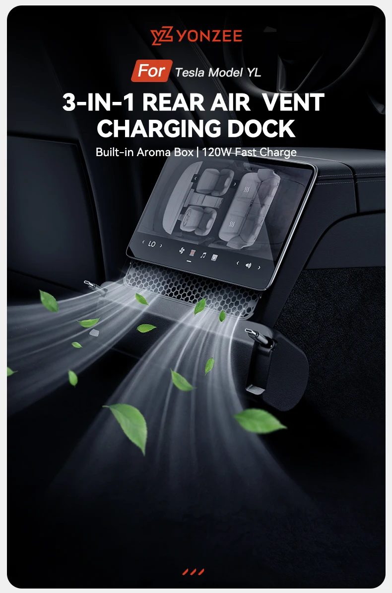 YZ For Tesla Model YL 2026 3-in-1 Rear Air Vent Cover 2 Type-C 60W USB Hub Docking Station with Aroma Diffuser Fast Charge