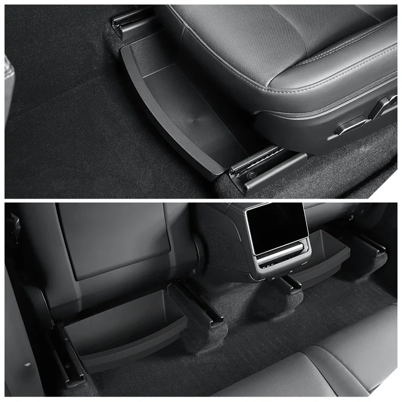 Under Seat Storage Box for Tesla Model Y Juniper 2025-2026 Hidden Front Seat Organizer Tray with Anti-Slip Padding Waterproof