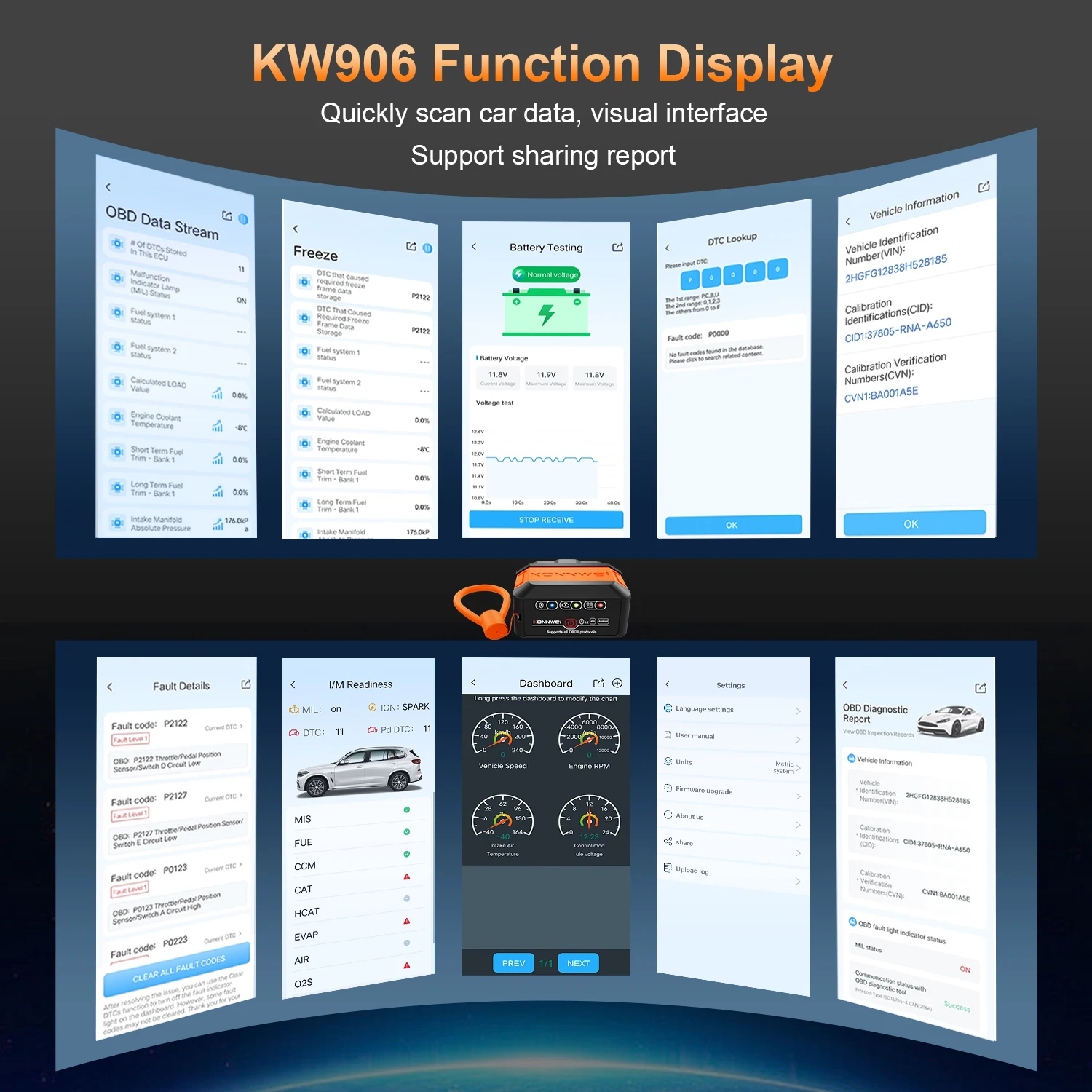 KONNWEI KW906 Bluetooth OBD2 Scanner Car Diagnostic Tool, Vehicle Code Reader, Live Data, Engine Check Scanner for Android iOS
