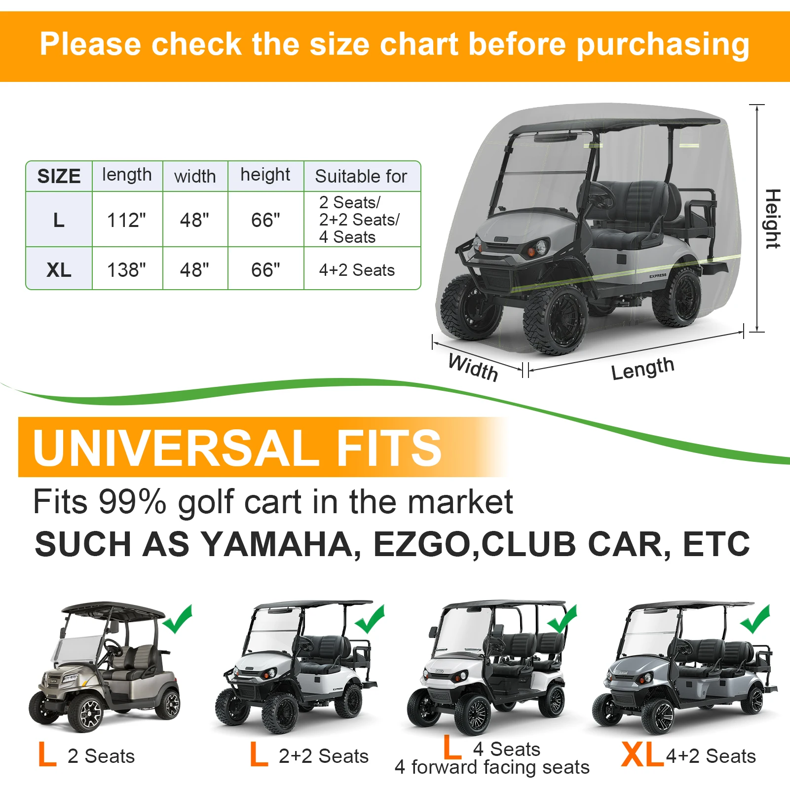 Waterproof Golf Cart Cover 2/4/4+2 Passenge 210D All-Weather Protective Outdoor Covers Dustproof Windproof Durable with Zipper