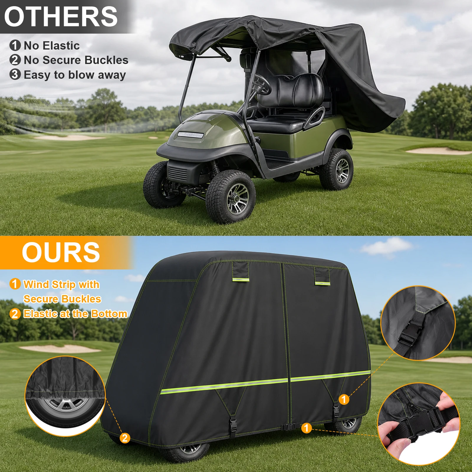 Waterproof Golf Cart Cover 2/4/4+2 Passenge 210D All-Weather Protective Outdoor Covers Dustproof Windproof Durable with Zipper