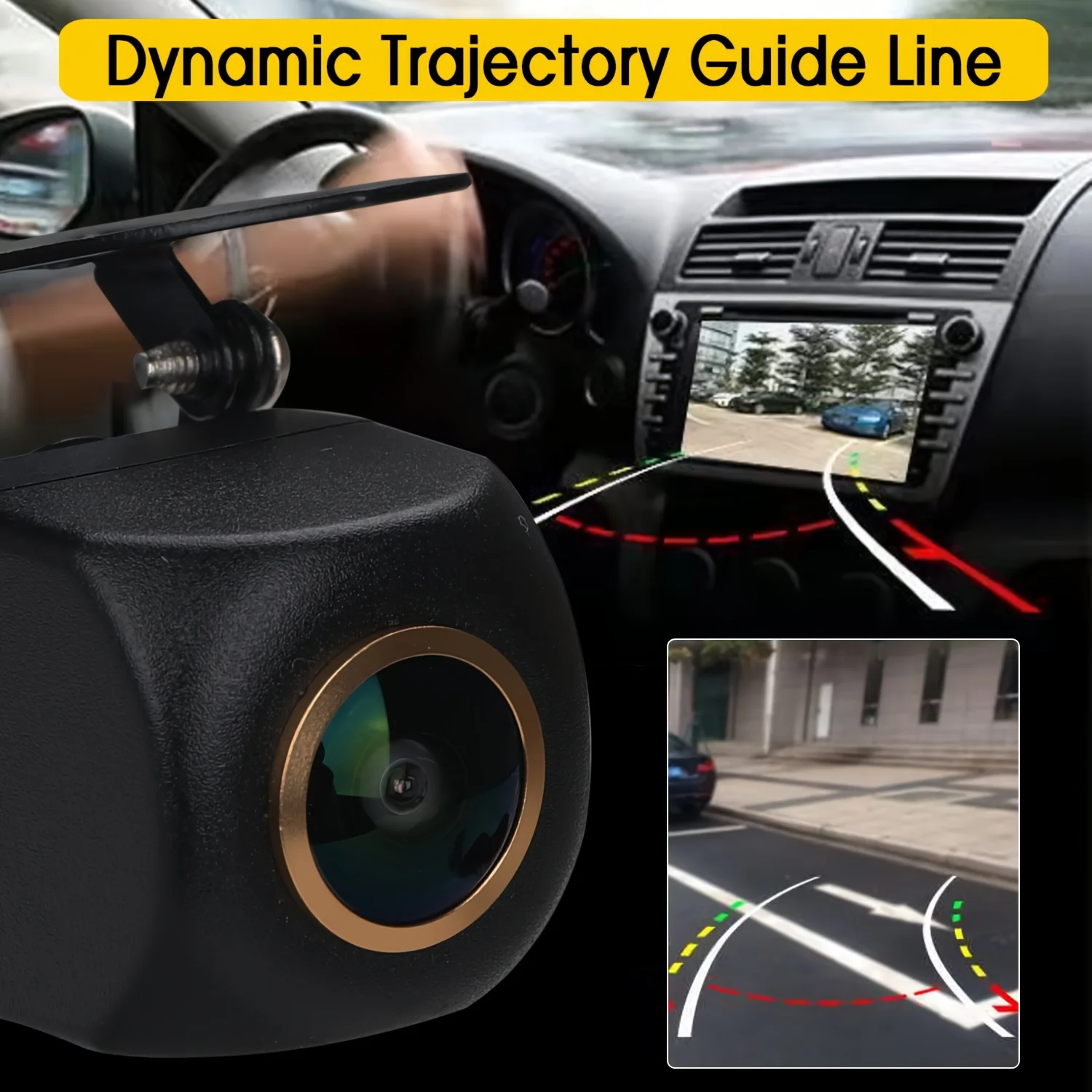 Car Backup Camera with Dynamic Trajectory Guide Line,Fisheye Golden Lens Front/Rear/Left/Right View Backup Camera for Car SUV RV