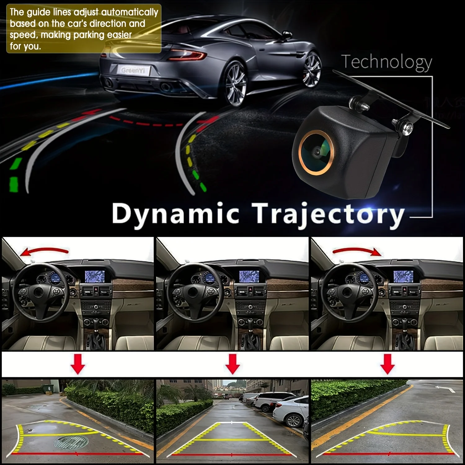 Car Backup Camera with Dynamic Trajectory Guide Line,Fisheye Golden Lens Front/Rear/Left/Right View Backup Camera for Car SUV RV