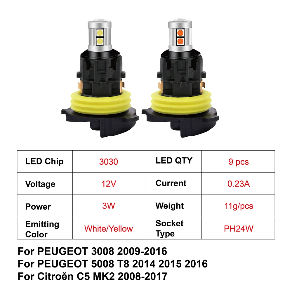 Lamp for Peugeot 3008 5008 2Pcs/Set 3030 9SMD White/Amber PH24W Canbus DRL for Citroen C5 MK2 Car LED Daytime Running Light