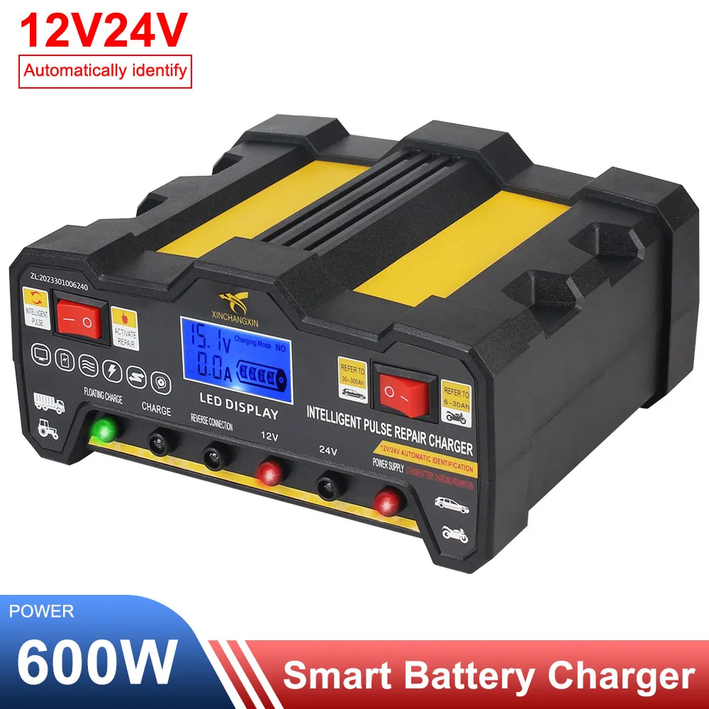 600W Car Battery Chargers 12V 12A / 24V 9A Output Quick Charging Intelligent Automatic Pulse Repair Battery Charger US EU Plug