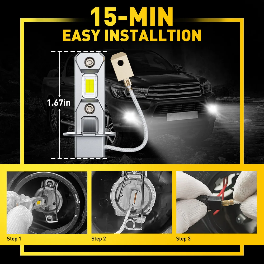 AUXITO 2Pcs Canbus H3 LED Fog Light Bulbs 1:1 Mini Size H3 LED Fog Lamp DRL 12V Amber Yellow 6500K White 300% Brighter CSP Chips