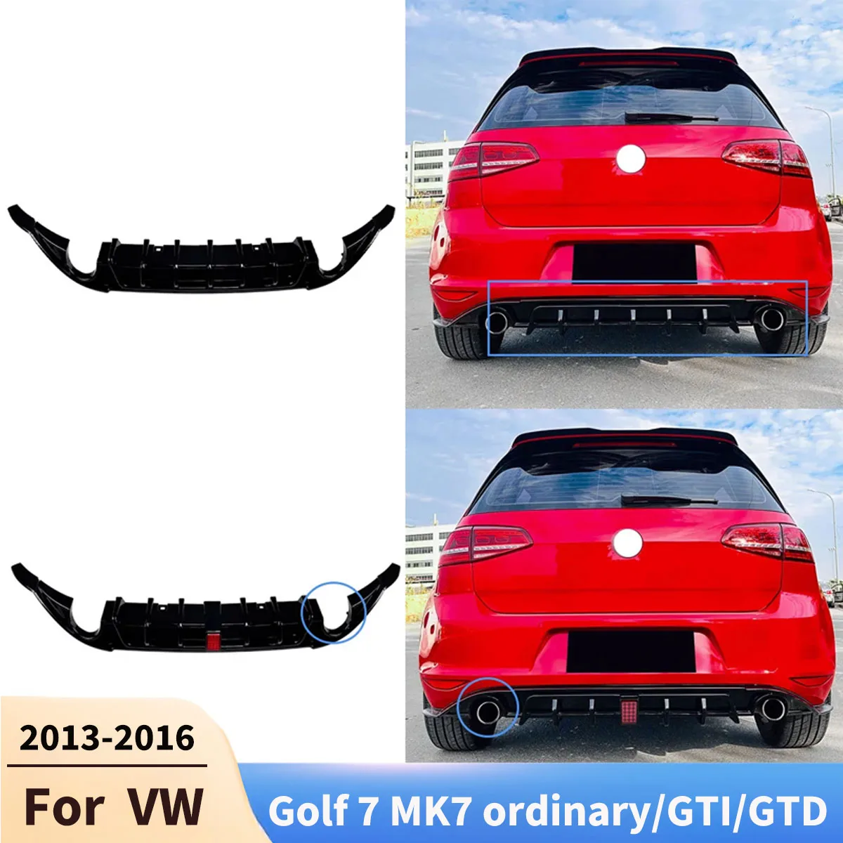 For VW Golf 7 MK7 ordinary/GTI/GTD 2013-2016 Car Rear Bumper Lip Diffuser Chin Tuning Spoiler with Lights Accessories Body Kits