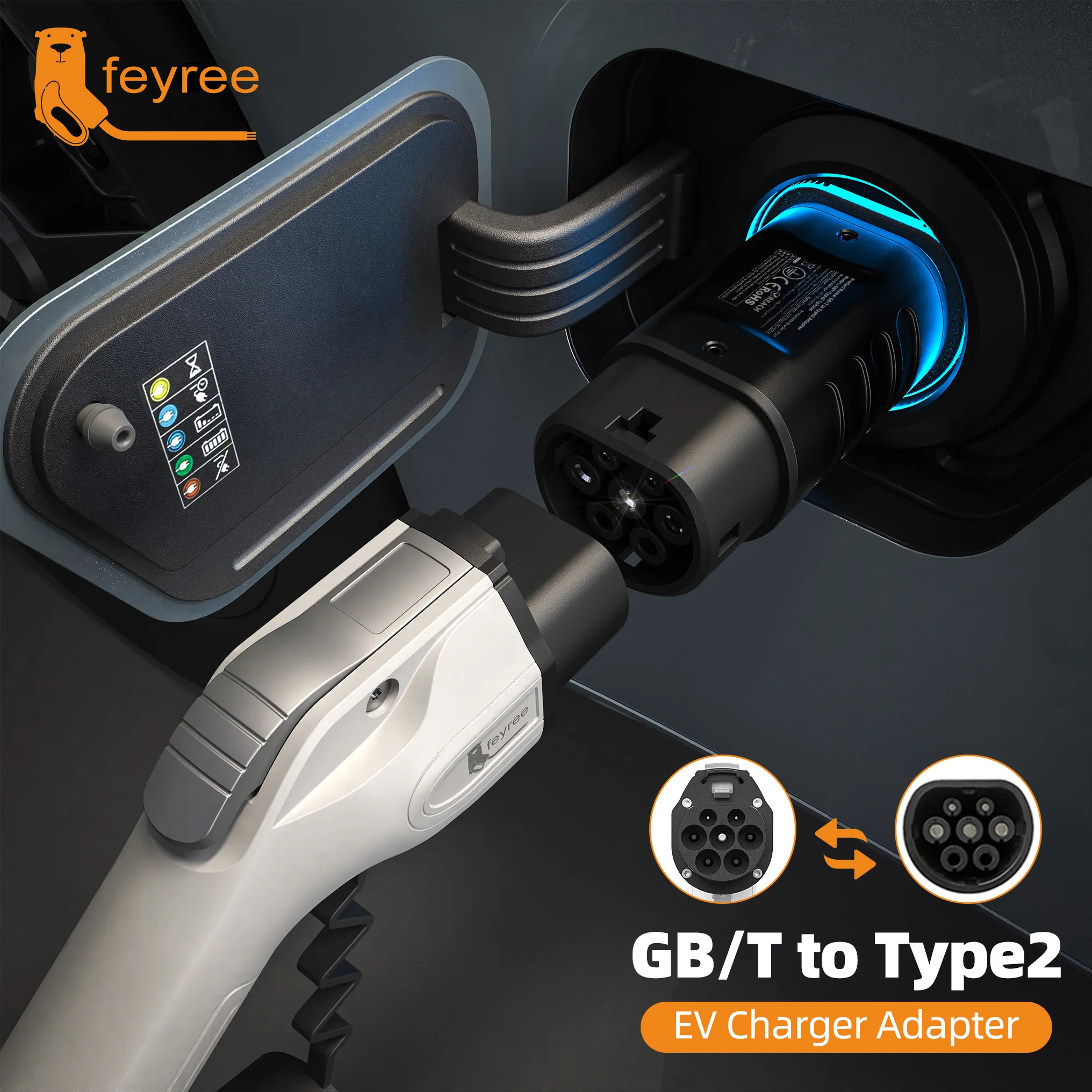 Feyree EV Charger Station Adapter GBT to Type 2 IEC 62196-2 Converter EVSE Single/Three Phase Connector 16A 32A for Type 2 Cars