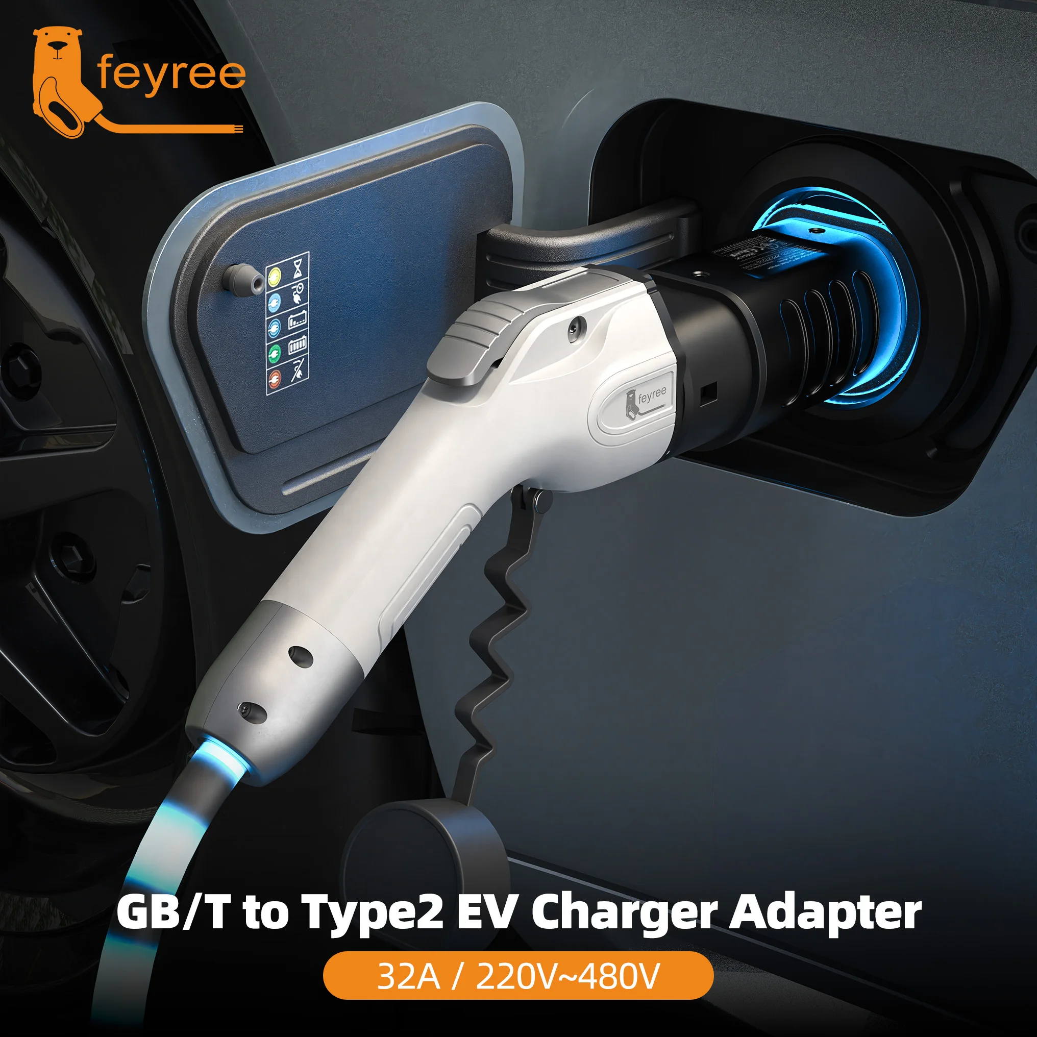 Feyree EV Charger Station Adapter GBT to Type 2 IEC 62196-2 Converter EVSE Single/Three Phase Connector 16A 32A for Type 2 Cars