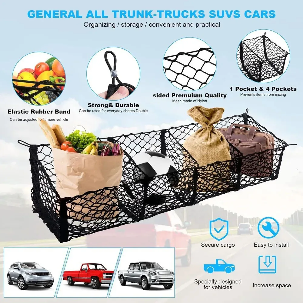 Cargo Net Trunk Bed Organizer,Mesh Storage Net with 4 Metal Hooks, Heavy Duty Cargo Net for SUV,Car,Pickup Truck Bed