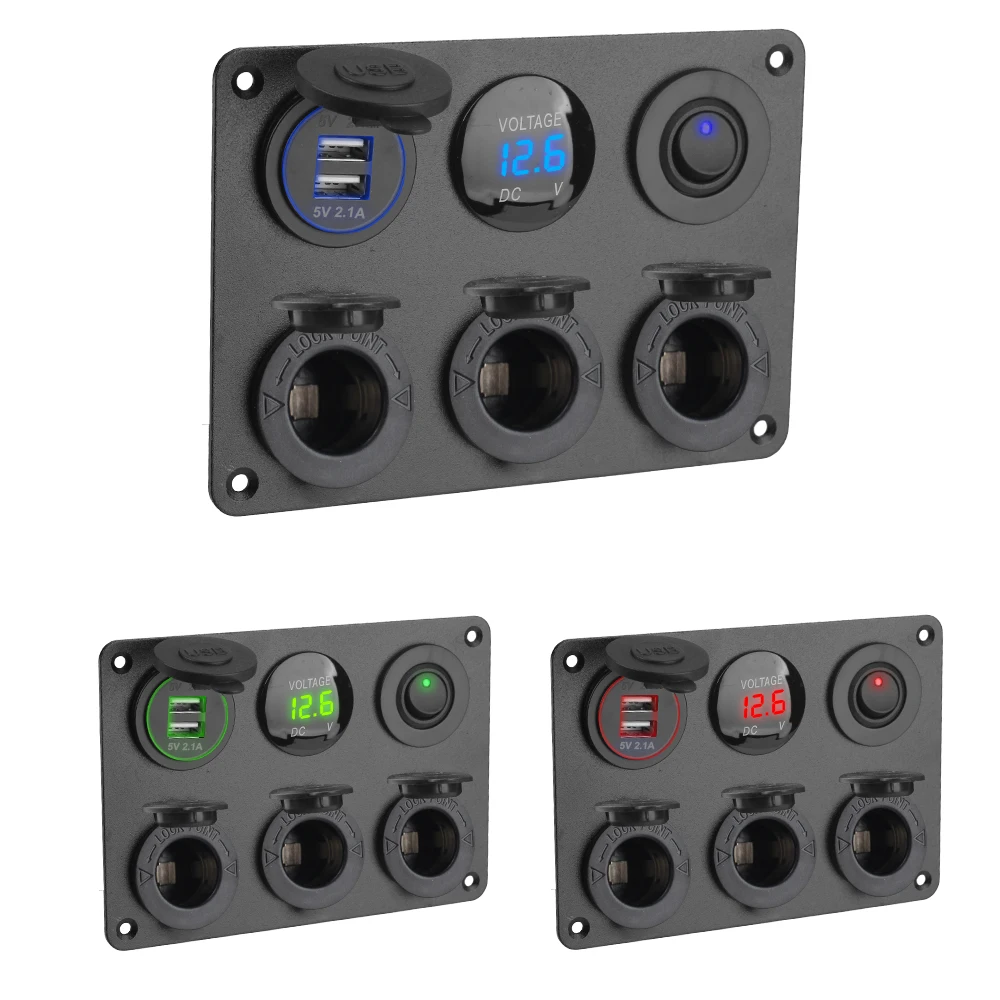 12V Dual USB Charger Cigarette Lighter Plug Socket Power Outlet LED Voltmeter Toggle Switch Multi Panel for Car Marine RV 4.2A