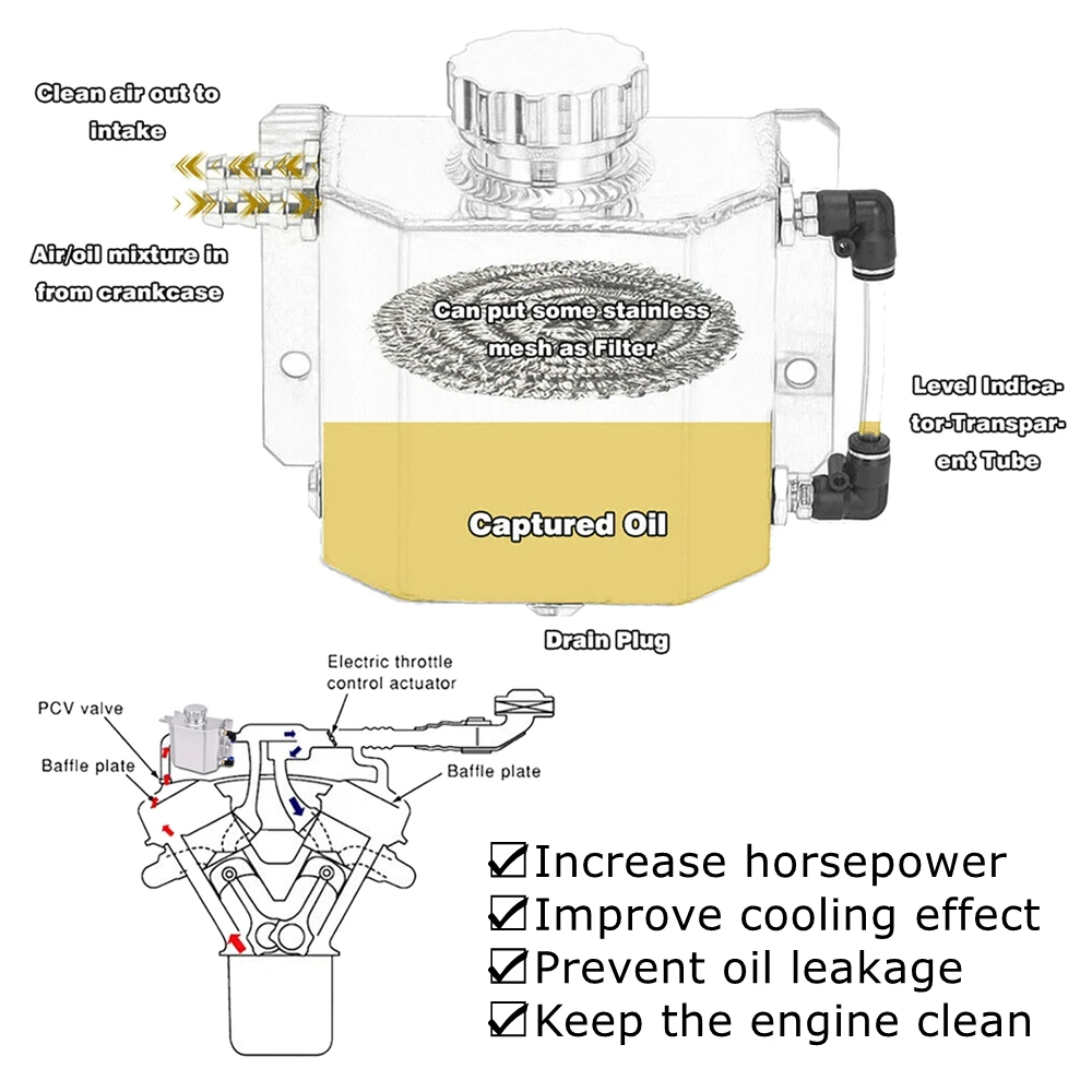1L/2L Square Engine Coolant Radiator Overflow Oil Catch Can Reservoir Oil Fuel Tank With Drain Plug Breather Aluminum