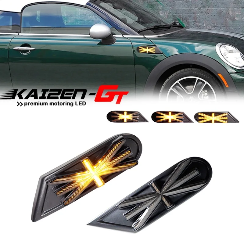 Sequential Amber LED Union Jack Style Front Side Marker Turn Signal Lights For MINI Cooper R55 R56 R57 R58 R59 Fender Flare Lamp