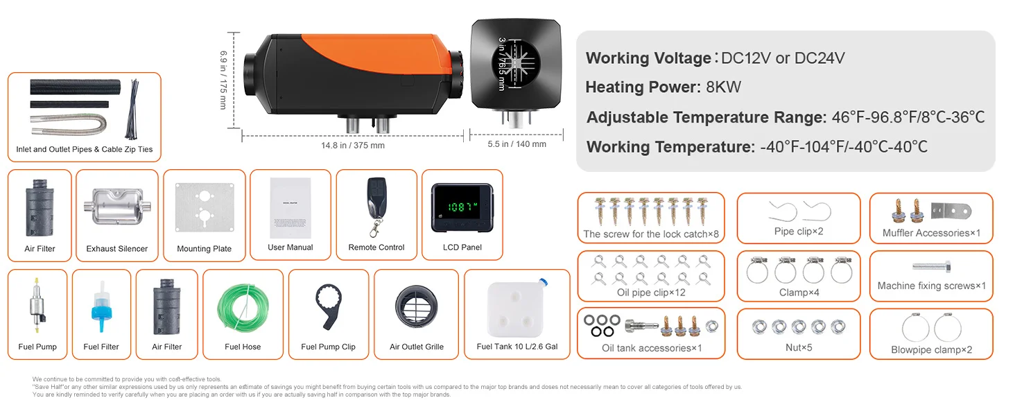 SucceBuy 8KW Diesel Air Heater 12V Diesel Heater with Remote Control 10L Fuel Tank Diesel Parking Heater for RV Trailer Camper