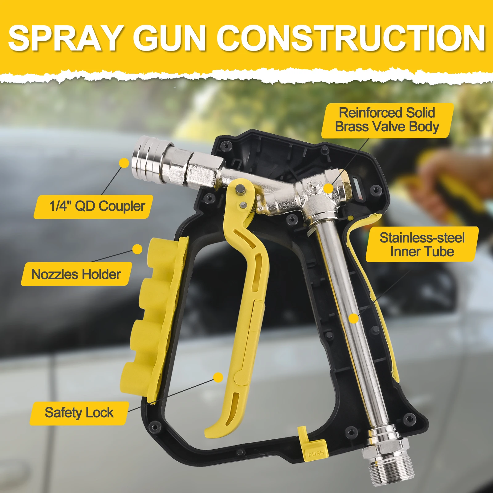 High Pressure Washer Short Spray Gun Max 5000 PSI with Inlet M22-ID14mm & Outlet 1/4” Quick Connector & Nozzle Tips Holder