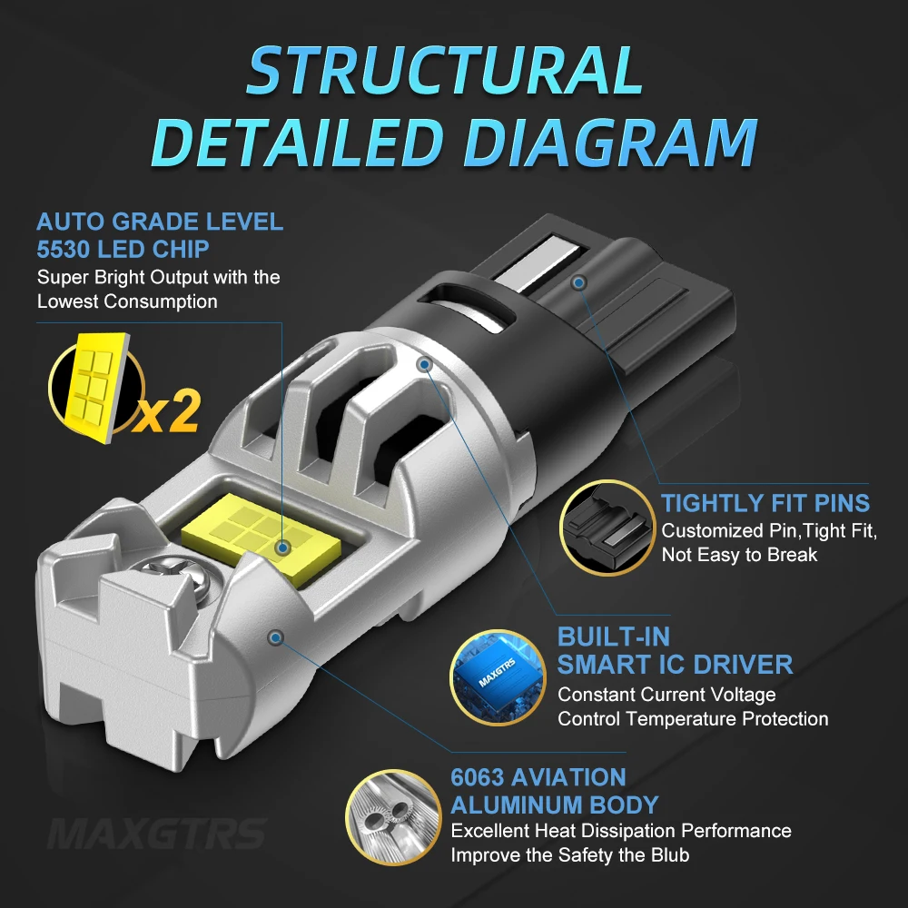 2x T10 LED W5W 5W Car Side Interior Lights 12V Super Bright Bulb 5530 Chips 194 168 Auto White 6000K Parking Marker Dome Lamps
