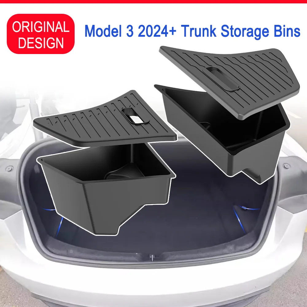 For 2024 2025 2026 Tesla Model 3 Rear Trunk Side Storage Box with Cover Tail Boot Organizer Partition Decoration Car Accessories