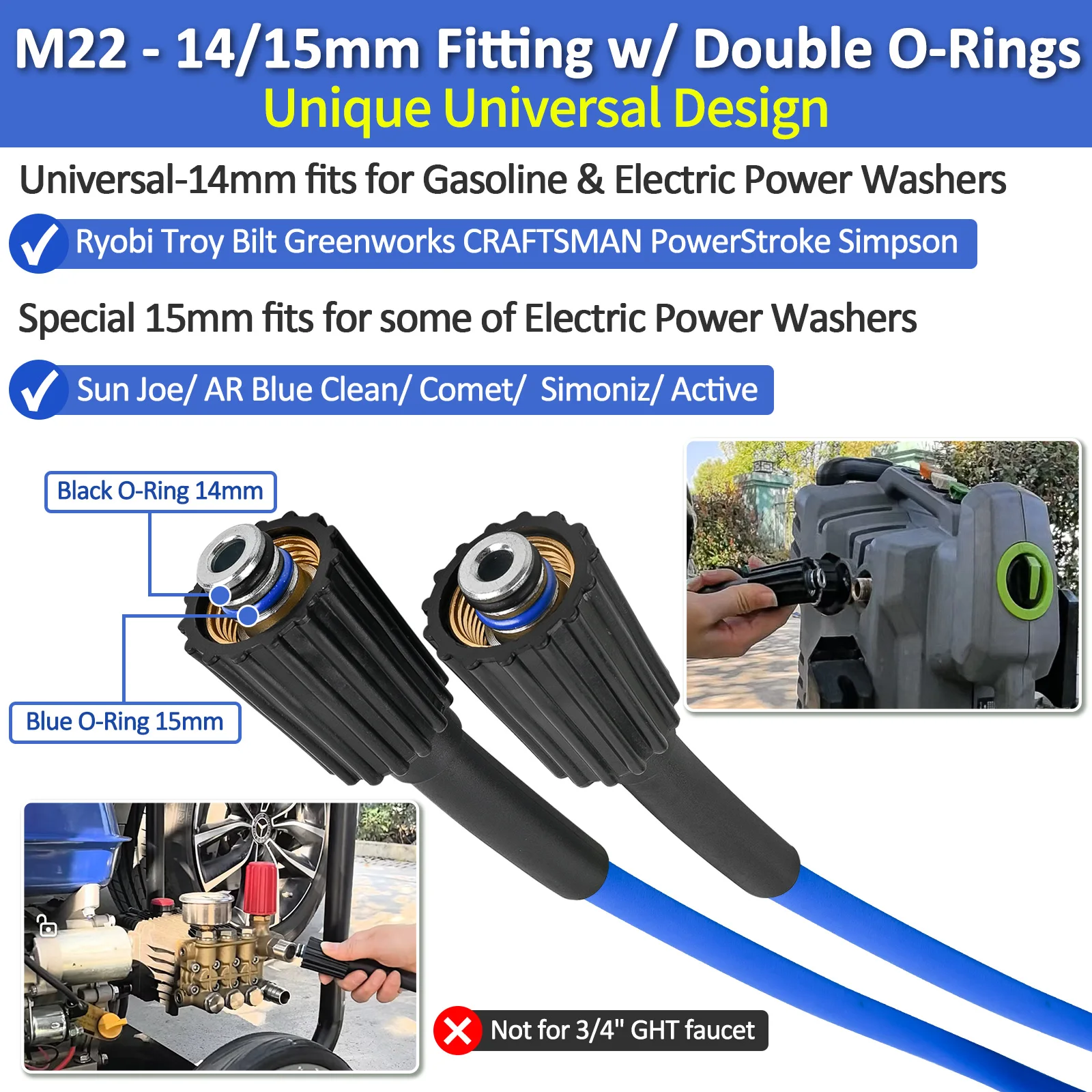 15M Super Flexible Pressure Washer Hose 3200 PSI Kink Resistant Power Washer Hose 1/4 in.CarWash Extension Hose M22-pin 14/15