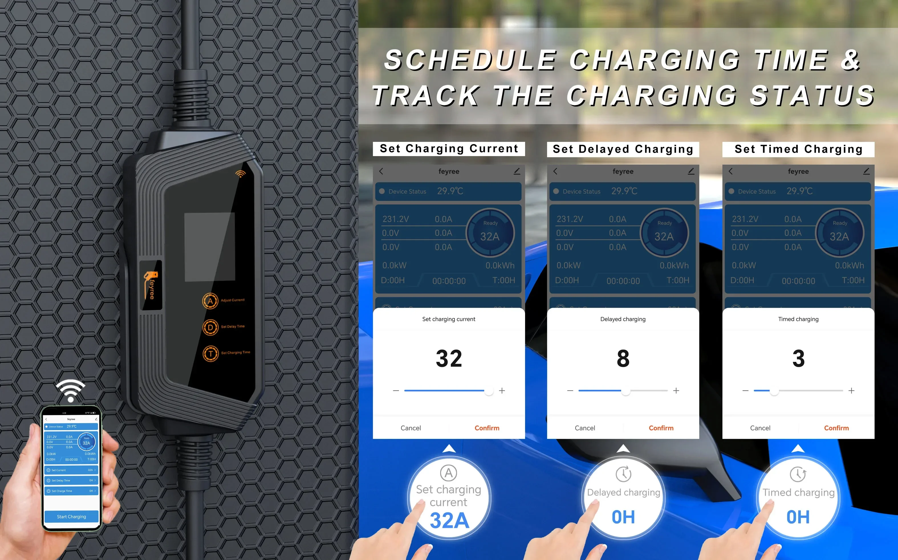 Feyree Portable EV Charger Type2 22KW 11KW 3P Fast Charging 32A 7KW 1P Smart APP Wi-Fi Control for Electric Vehicle Car Charger