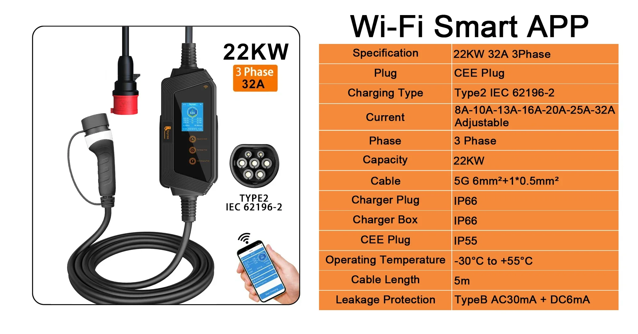 Feyree Portable EV Charger Type2 22KW 11KW 3P Fast Charging 32A 7KW 1P Smart APP Wi-Fi Control for Electric Vehicle Car Charger