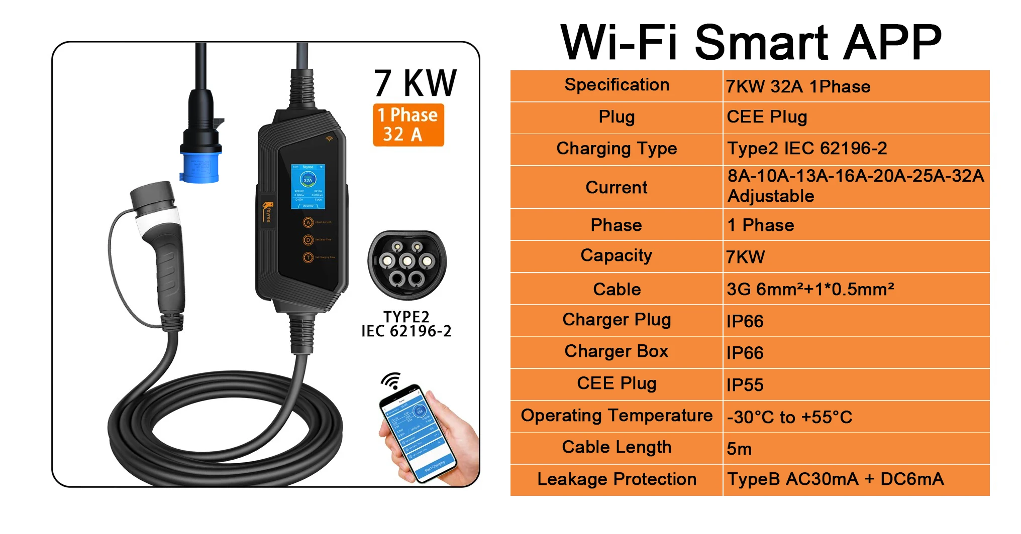 Feyree Portable EV Charger Type2 22KW 11KW 3P Fast Charging 32A 7KW 1P Smart APP Wi-Fi Control for Electric Vehicle Car Charger