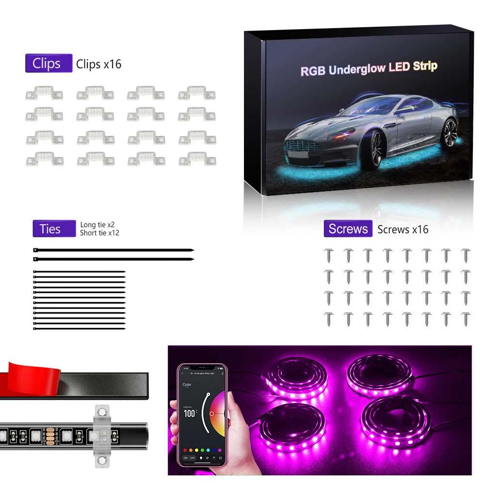 RGB Car Underglow Strip Lights with App Control Waterproof Strip Lights for Cart Boat Decoration LED Exterior Lights Strip DC12V