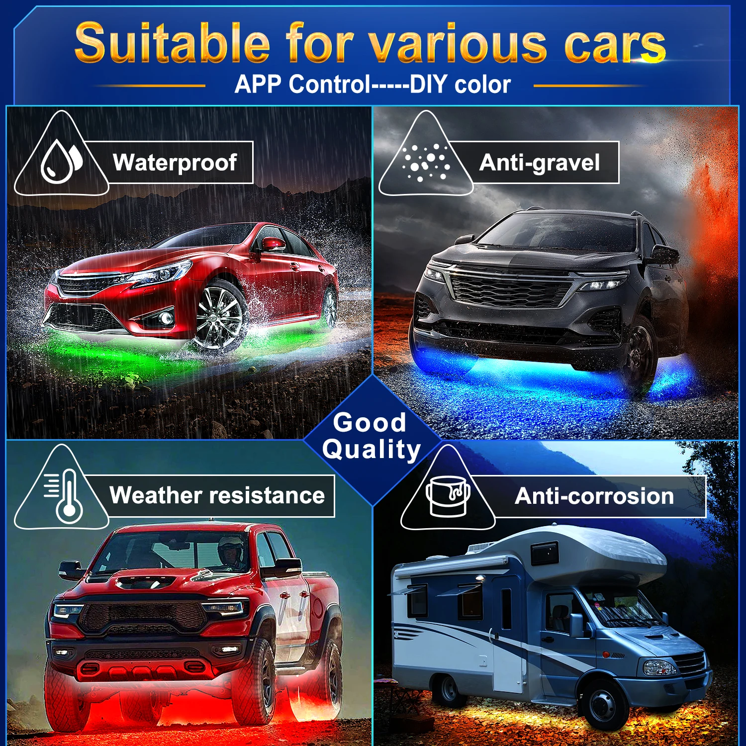 RGB Car Underglow Strip Lights with App Control Waterproof Strip Lights for Cart Boat Decoration LED Exterior Lights Strip DC12V