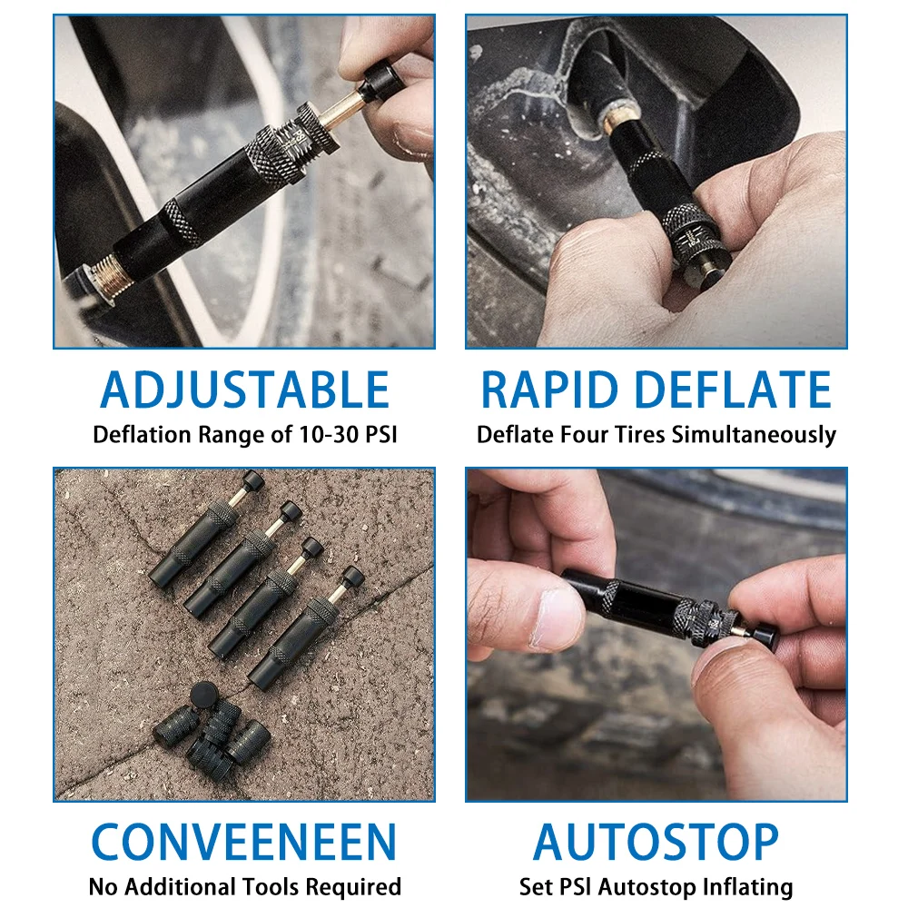 4pc Black Adjustable Auto-Stop Tire Air Down Kit Screw-on Tyre Deflator Tool For Offroad 4x4 Vehicle Accessories
