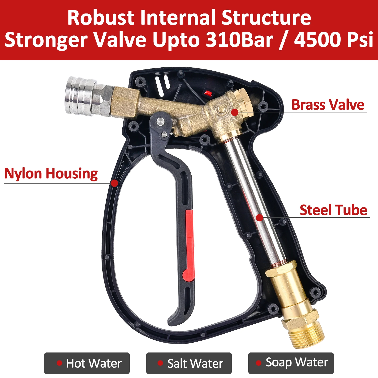 Pressure Washer Spray Water Gun MV925 Max 310 Bar, M22-14mm Inlet Swivel & 1/4" Quick Connector for Car Wash, Car Detailing
