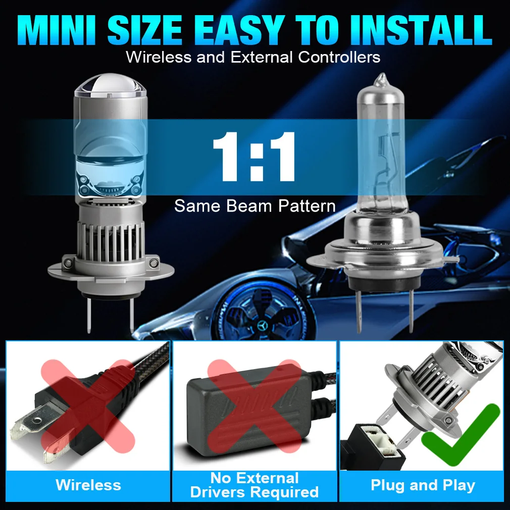 2PCS H7 LED Projector Lens Headligh Canbus 80W 20000LM High-Power CSP Chip Turbo Led H7 Turbo High Power Auto Lamp Fog Light 12V