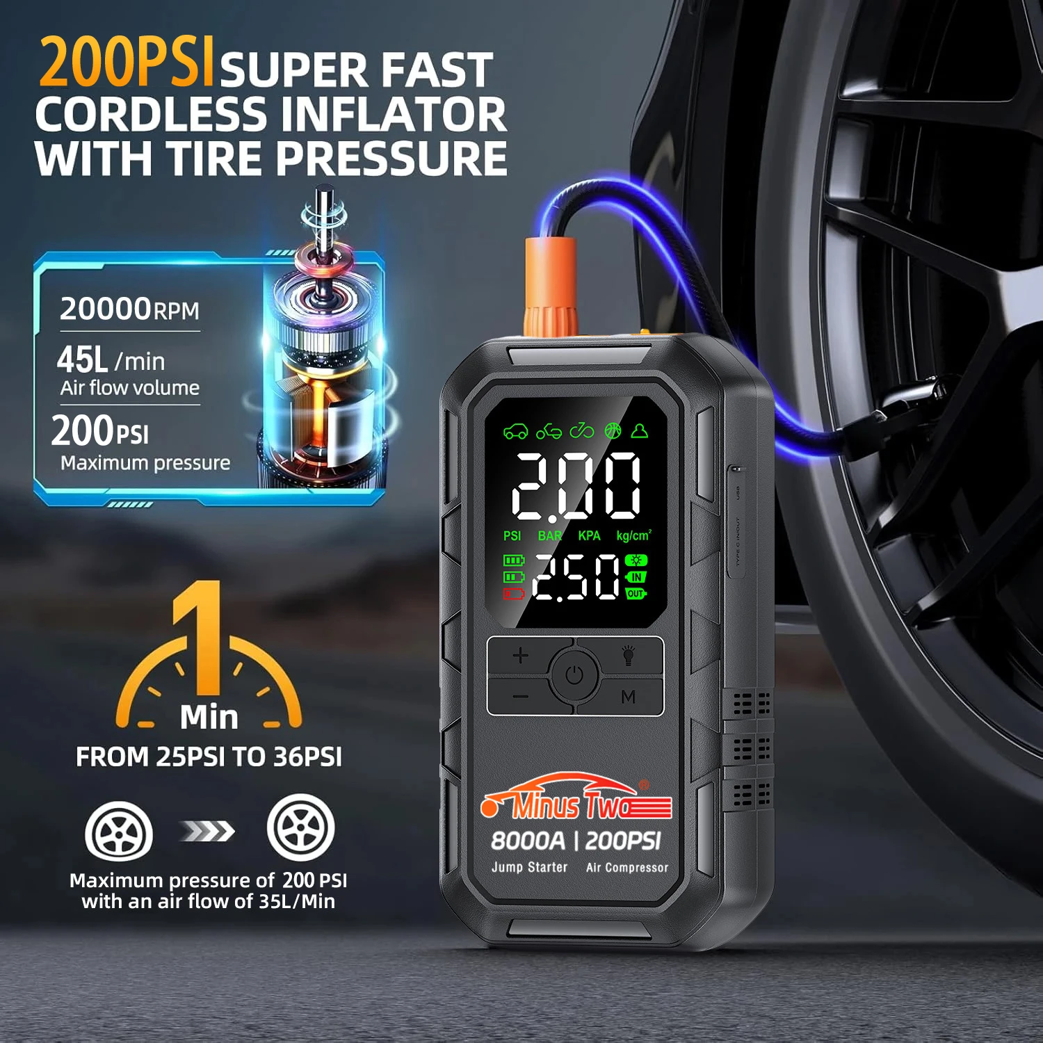 8000A Car Jump Starter with Air Compressor 200PSI Air Pump Auto Battery Booster Portable Power Bank Tire Inflator