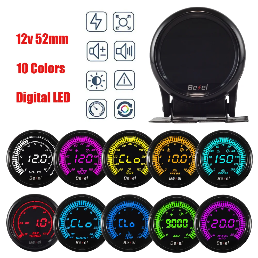 HA Accessories 2Inch 52mm Digital Auto Gauge Meter 10Color Oil Pressure Turbo Boost EGT Exhaust Temp Tachometer Water Oil Temp