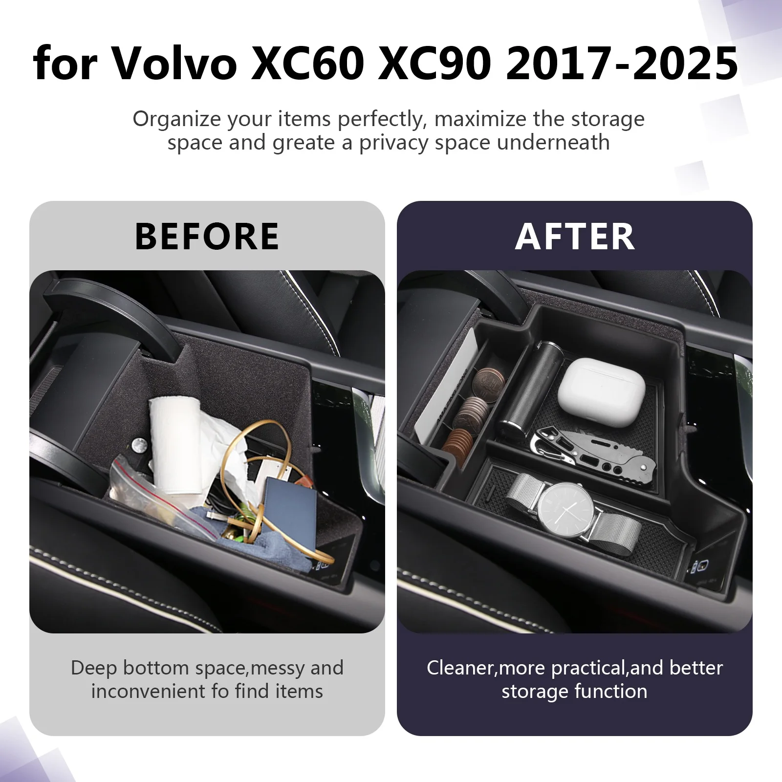 RUIYA for Volvo XC60 XC90 V60 S60 V90 S90 2017-2025 RHD Car Armrest Storage Box Auto Storage Box Volvo XC60 XC90 Accessories