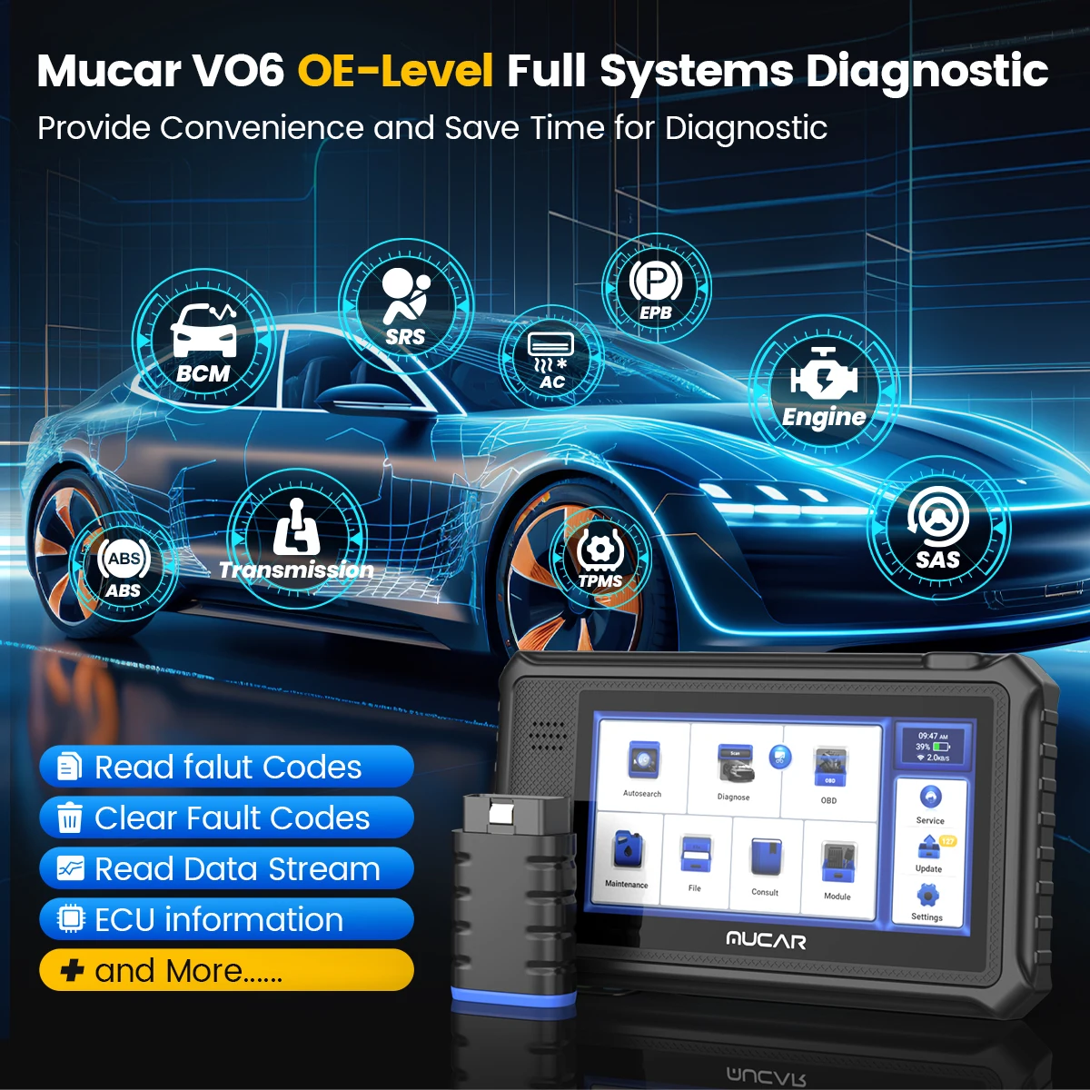 Lifetime Free Update MUCAR VO6 OBD2 Scanner All Systems Diagnostic 28 Reset Auto VIN EPB/BMS/SAS/ABS Sevice for All Cars
