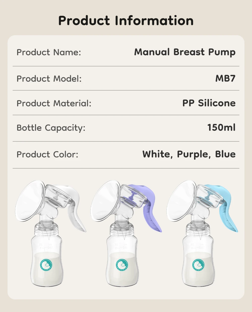 Manual Breast Pump Food Grade Silicone BPA-Free Portable Breastfeeding Milk Extractor With Soft Cushion&Gentle Suction MB7