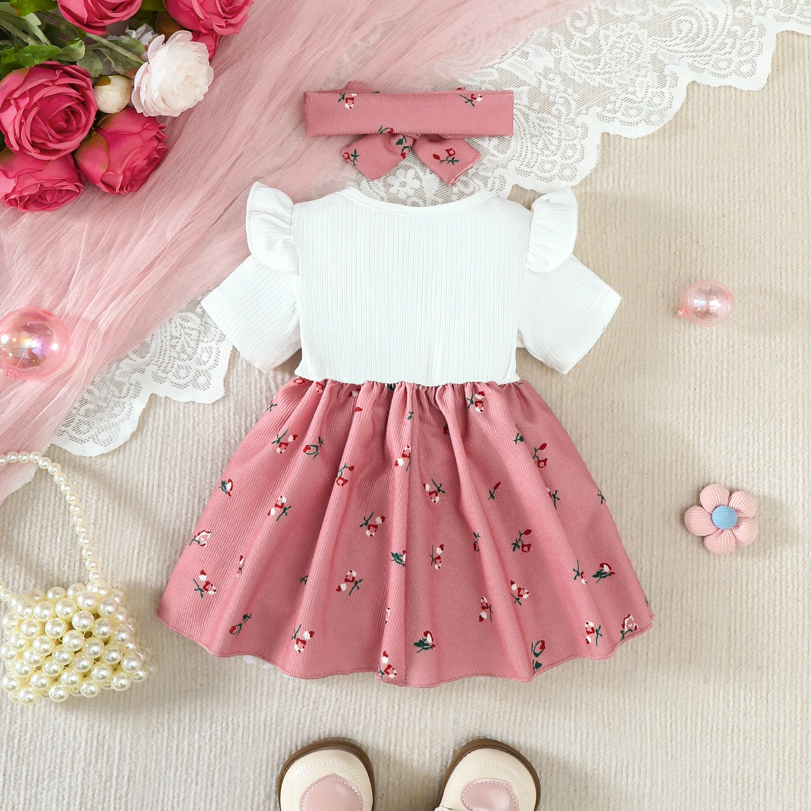 2Pcs/Set Baby Girl Dress Small Floral Large Bow Summer, Dress+Headband Set Suitable for 0-24 Months Baby Girls Fashionable Dress