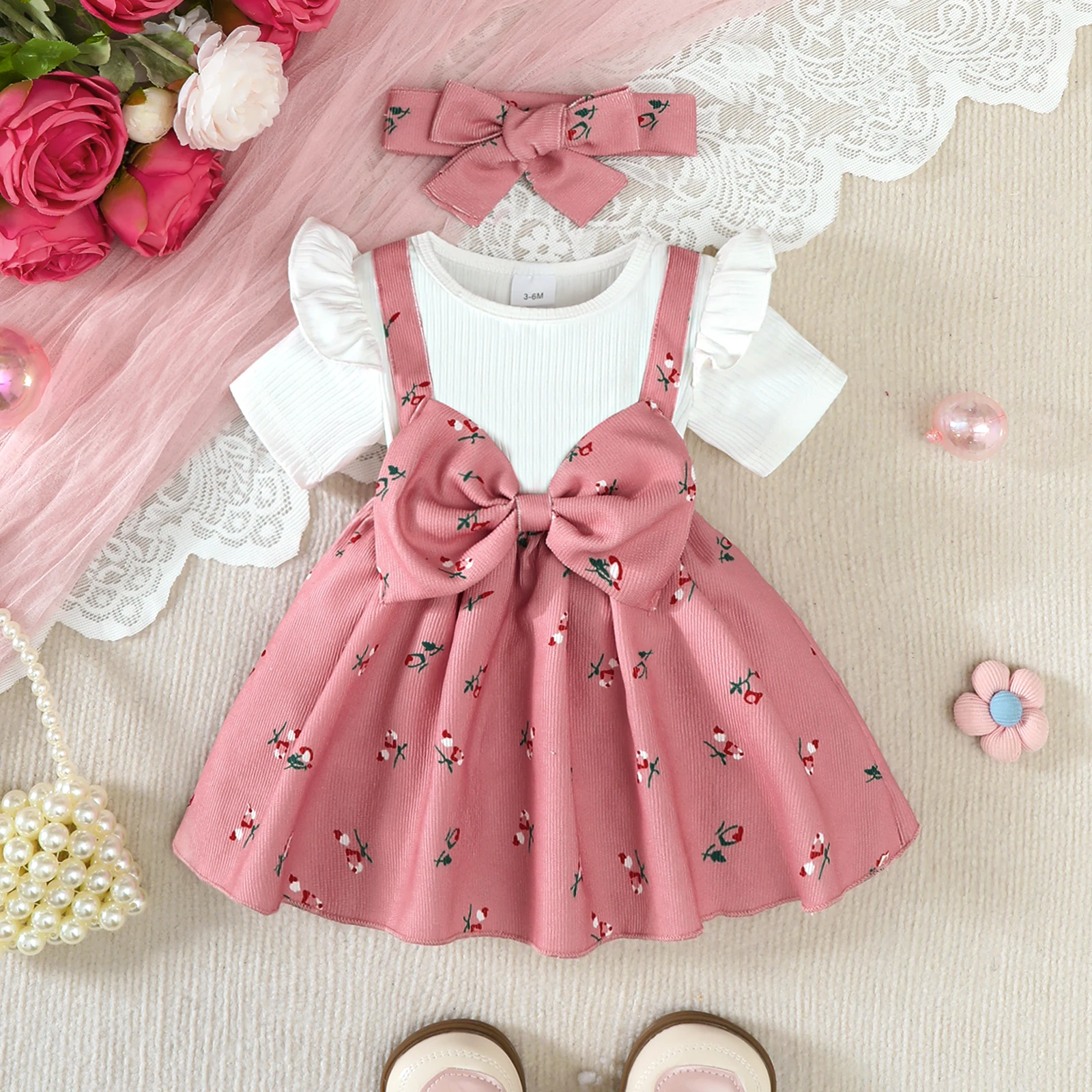 2Pcs/Set Baby Girl Dress Small Floral Large Bow Summer, Dress+Headband Set Suitable for 0-24 Months Baby Girls Fashionable Dress